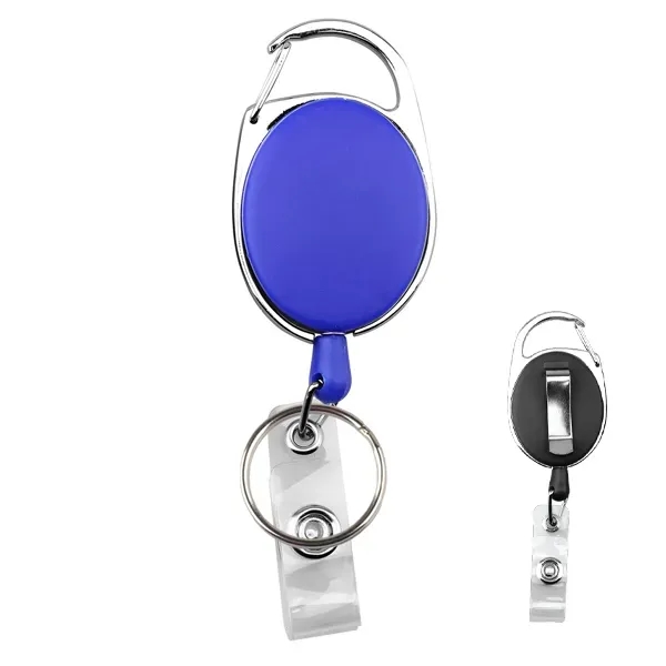 Oval badge holder with keyring, carabiner clip, belt clip, and dual-purpose... from ASI 74585 Nu Promo International / Nu Promo Line