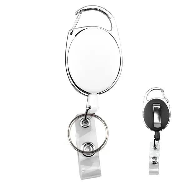 Oval badge holder with keyring, carabiner clip, belt clip, and dual-purpose... from ASI 74585 Nu Promo International / Nu Promo Line