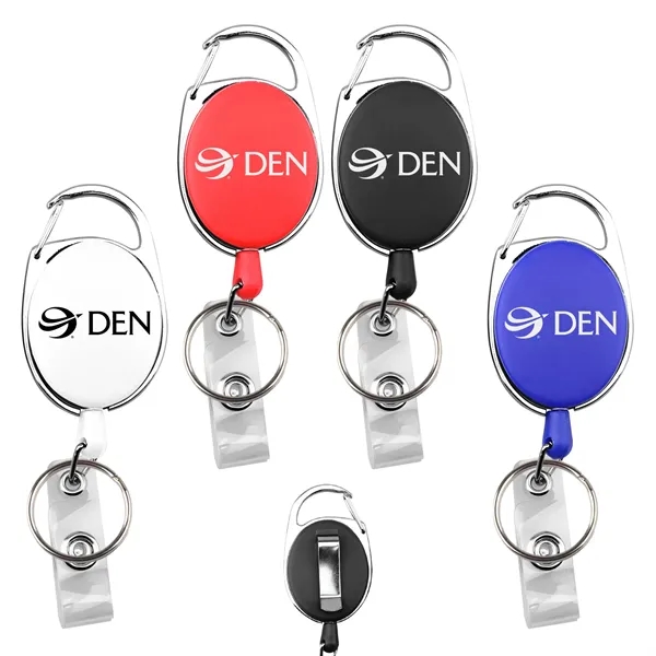 Oval badge holder with keyring, carabiner clip, belt clip, and dual-purpose... from ASI 74585 Nu Promo International / Nu Promo Line