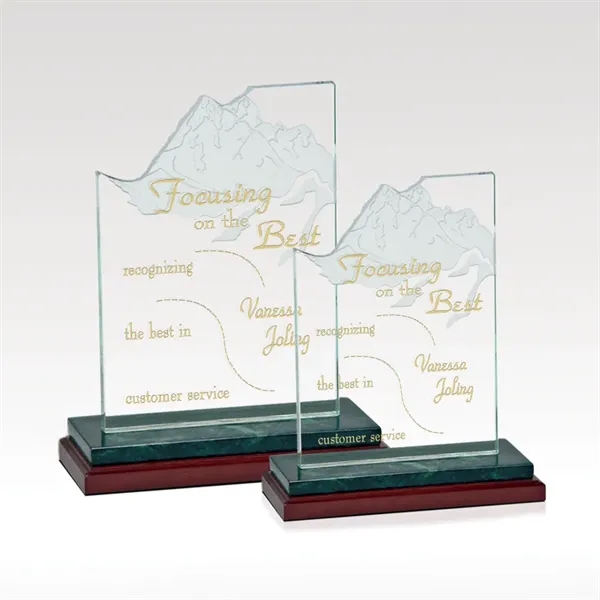 Sculpted jade glass award set on a green marble and cherry... from ASI 93986 Visions/Awardcraft / Visions Awards
