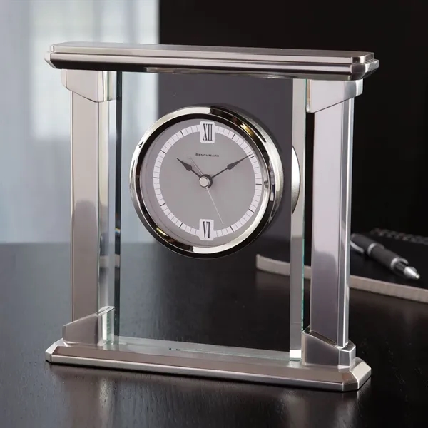 Desktop clock suspended in solid glass panel and bordered with solid... from ASI 68507 The Magnet Group / Benchmark Crystal & Clocks