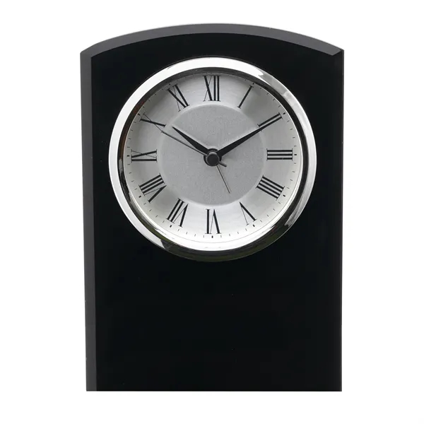 Self-standing black glass desk clock with easel base and silver dial.... from ASI 68507 The Magnet Group / Benchmark Crystal & Clocks