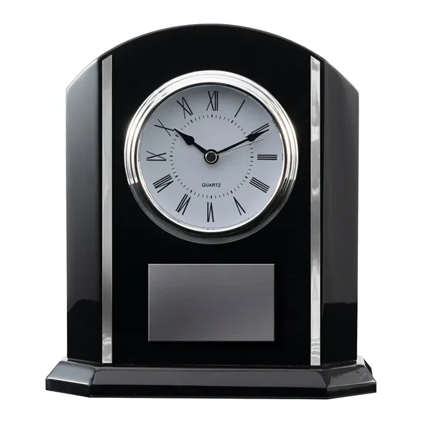 Analog desk clock with black piano wood finish, silver accents and... from ASI 68507 The Magnet Group / Benchmark Crystal & Clocks