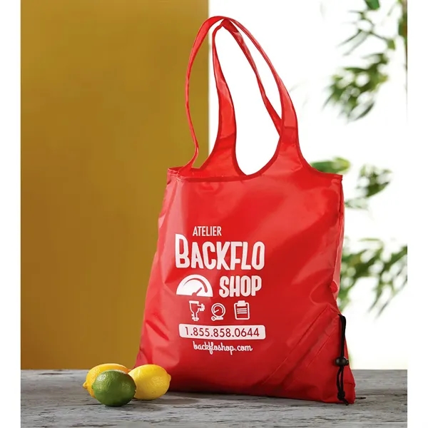 Polyester tote bag that folds into self-contained pouch with drawstring closure;... from ASI 68507 The Magnet Group / Perfect Line