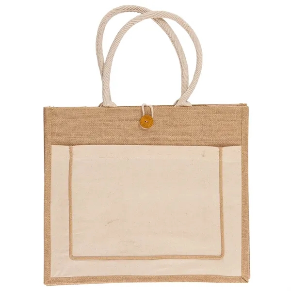 Jute tote bag with 100% cotton pocket, woven straps, large button... from ASI 68507 The Magnet Group / Perfect Line