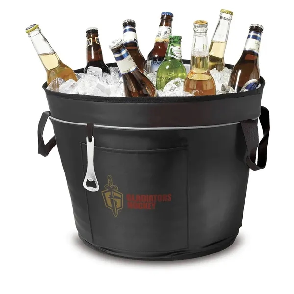 Celebration bucket cooler with front pocket and attached bottle opener.... from ASI 68507 The Magnet Group / The Bag Factory®