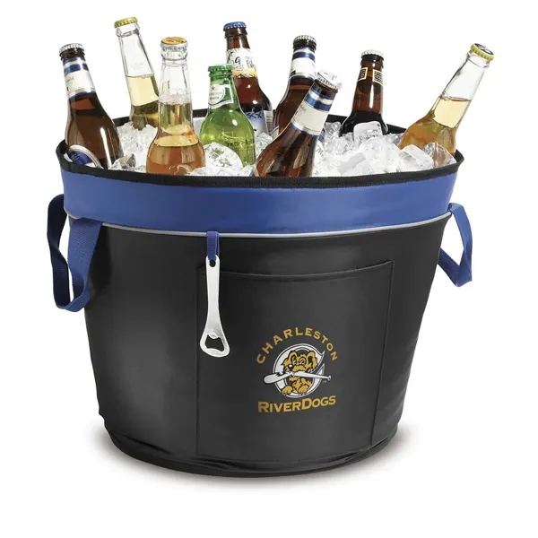 Celebration bucket cooler with front pocket and attached bottle opener.... from ASI 68507 The Magnet Group / The Bag Factory®