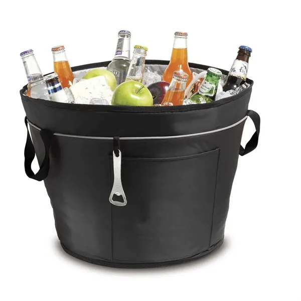 Celebration bucket cooler with front pocket and attached bottle opener.... from ASI 68507 The Magnet Group / The Bag Factory®