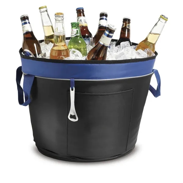 Celebration bucket cooler with front pocket and attached bottle opener.... from ASI 68507 The Magnet Group / The Bag Factory®