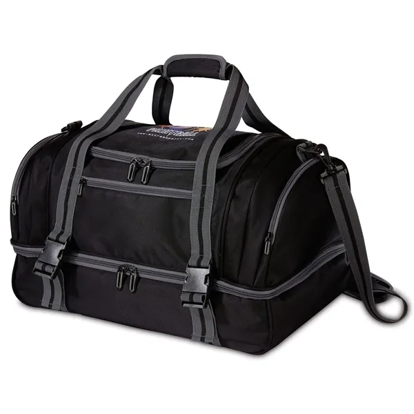Duffel bag with jacquard exterior, 2-tier zippered storage compartments, zippered side... from ASI 68507 The Magnet Group / The Bag Factory®