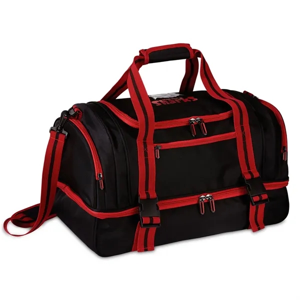 Duffel bag with jacquard exterior, 2-tier zippered storage compartments, zippered side... from ASI 68507 The Magnet Group / The Bag Factory®