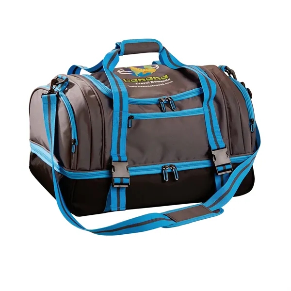 Duffel bag with jacquard exterior, 2-tier zippered storage compartments, zippered side... from ASI 68507 The Magnet Group / The Bag Factory®