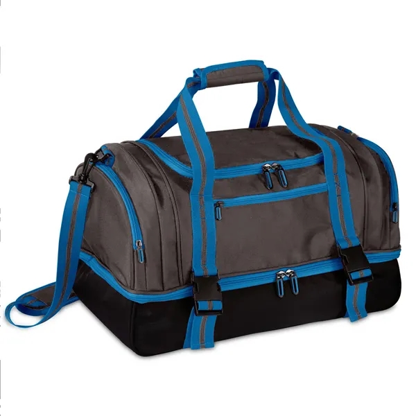 Duffel bag with jacquard exterior, 2-tier zippered storage compartments, zippered side... from ASI 68507 The Magnet Group / The Bag Factory®
