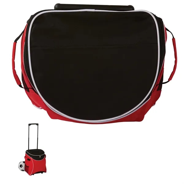 Nylon rolling cooler with a handle, wheels, side pockets, and lid.... from ASI 68507 The Magnet Group / The Bag Factory®
