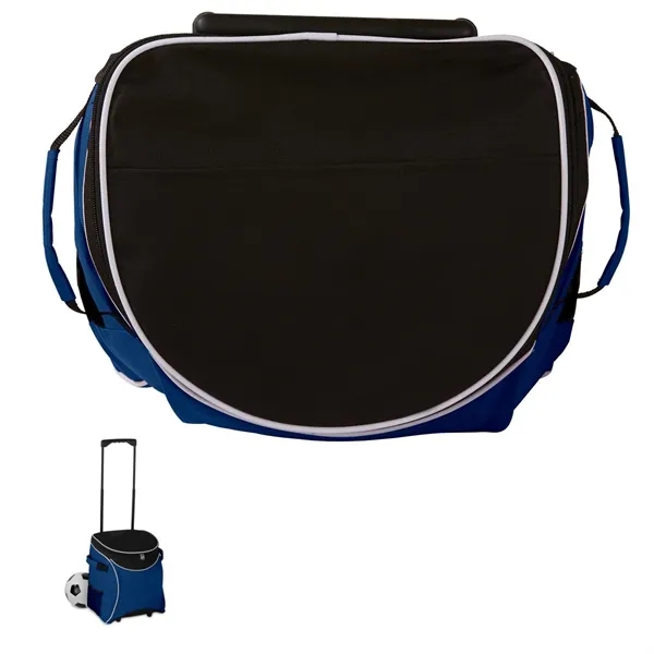 Nylon rolling cooler with a handle, wheels, side pockets, and lid.... from ASI 68507 The Magnet Group / The Bag Factory®