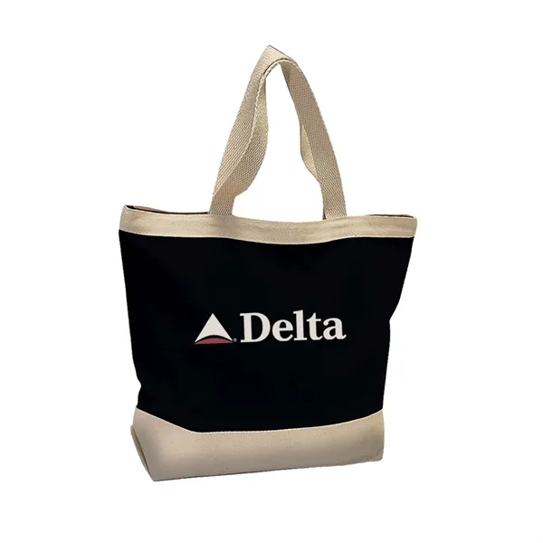 Promotional tote bag with neutral colored trim and zippered closure.... from ASI 68507 The Magnet Group / The Bag Factory®