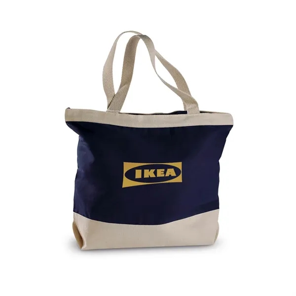 Promotional tote bag with neutral colored trim and zippered closure.... from ASI 68507 The Magnet Group / The Bag Factory®