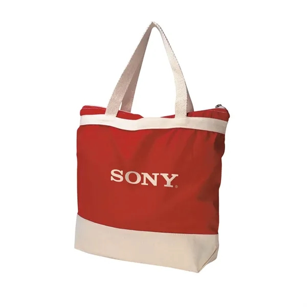 Promotional tote bag with neutral colored trim and zippered closure.... from ASI 68507 The Magnet Group / The Bag Factory®