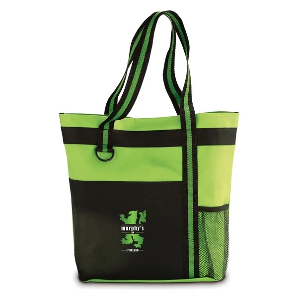 Polyester tote bag with large front pocket, mesh bottle pocket, and... from ASI 68507 The Magnet Group / The Bag Factory®