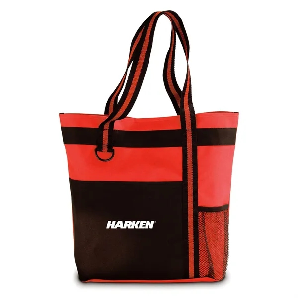 Polyester tote bag with large front pocket, mesh bottle pocket, and... from ASI 68507 The Magnet Group / The Bag Factory®