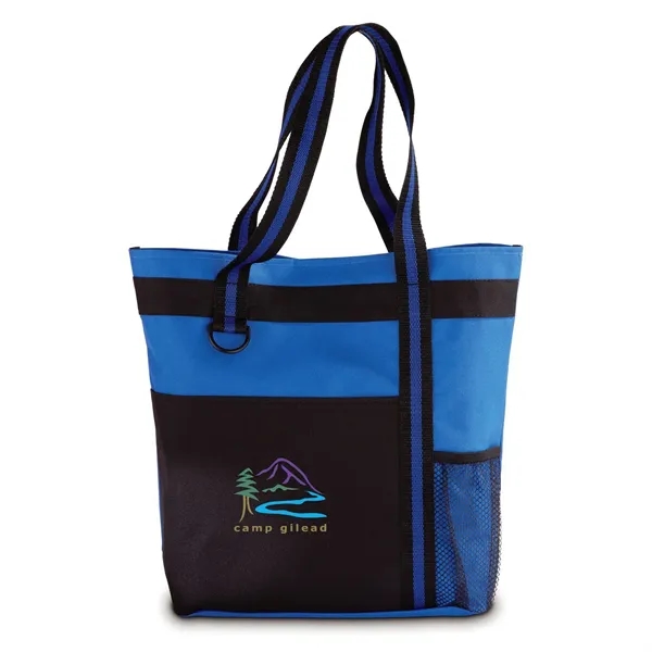 Polyester tote bag with large front pocket, mesh bottle pocket, and... from ASI 68507 The Magnet Group / The Bag Factory®