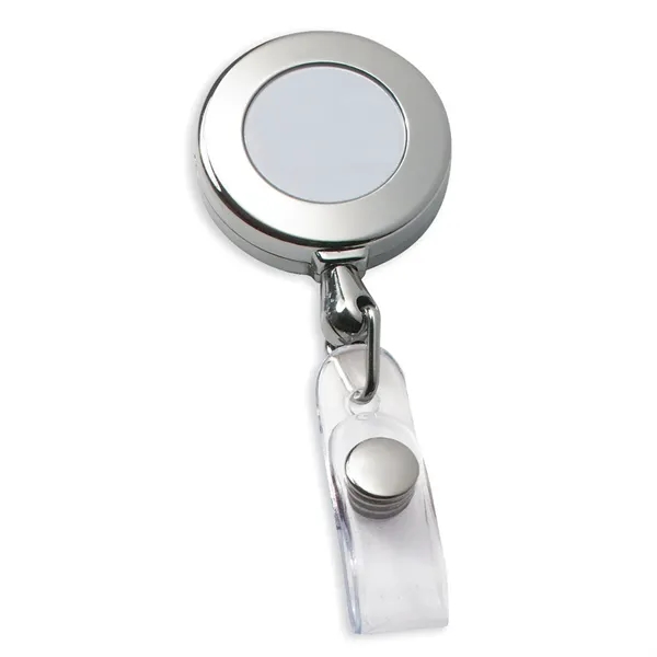 Chrome badge holder with 29" retractable nylon cord and a slide-on... from ASI 68507 The Magnet Group / Perfect Line