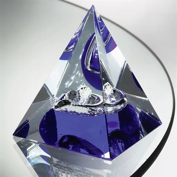 Pyramid shaped glass award with glossy shine and slight pop of... from ASI 68507 The Magnet Group / Benchmark Crystal & Clocks
