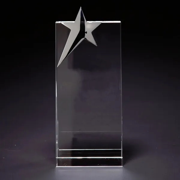 9" x 3.75" x 2" optically perfect crystal award with silver... from ASI 68507 The Magnet Group / Benchmark Crystal & Clocks