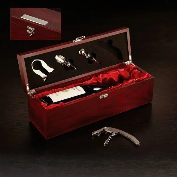 Four useful wine tools in a satin-lined, rosewood-finished wooden box.... from ASI 68507 The Magnet Group / Benchmark Crystal & Clocks