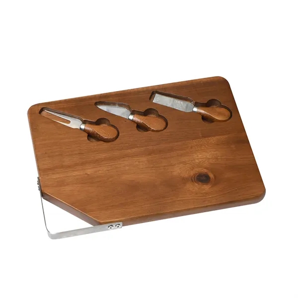Environmentally sustainable acacia wood cutting board with three cheese knives.... from ASI 68507 The Magnet Group / Benchmark Crystal & Clocks