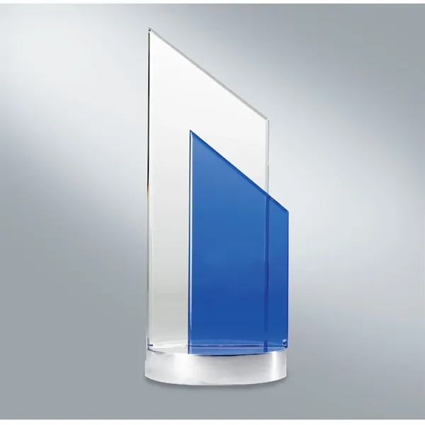 Optically perfect glass award with a brilliant blue accent and brushed... from ASI 68507 The Magnet Group / Benchmark Crystal & Clocks
