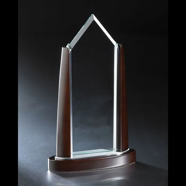 11" x 6.5" x 2.25" wood and glass award with customization... from ASI 68507 The Magnet Group / Benchmark Crystal & Clocks