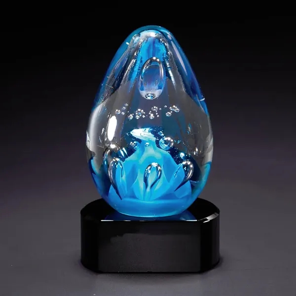 Tear drop shaped cobalt blue award made of glass with a... from ASI 68507 The Magnet Group / Benchmark Crystal & Clocks
