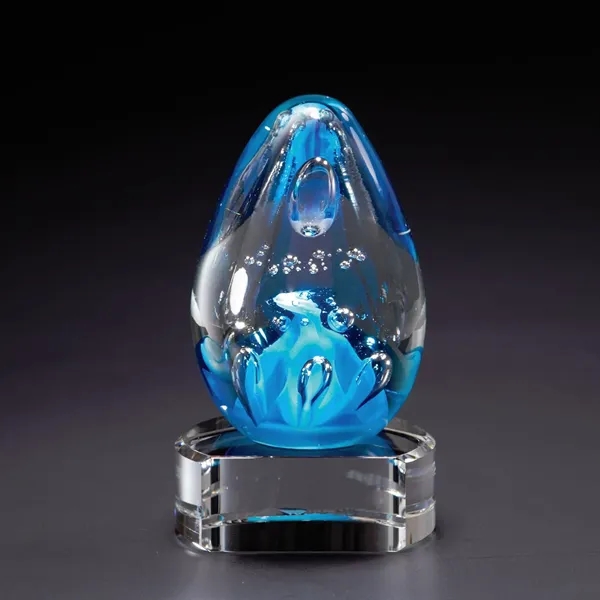 Tear drop shaped cobalt blue award made of glass with a... from ASI 68507 The Magnet Group / Benchmark Crystal & Clocks