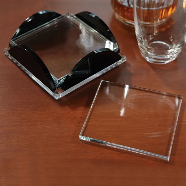 Set of 4, square shaped glass coasters with clear rubber feet... from ASI 68507 The Magnet Group / Benchmark Crystal & Clocks