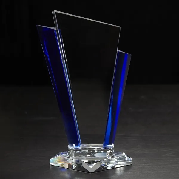 11.13" x 6.38" x 3.5" optically perfect glass award with angled... from ASI 68507 The Magnet Group / Benchmark Crystal & Clocks