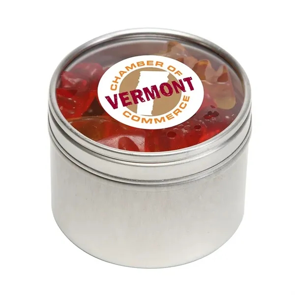 Skittles® packed inside a small round window tin with customization options.... from ASI 68507 The Magnet Group / The 1919 Candy Company