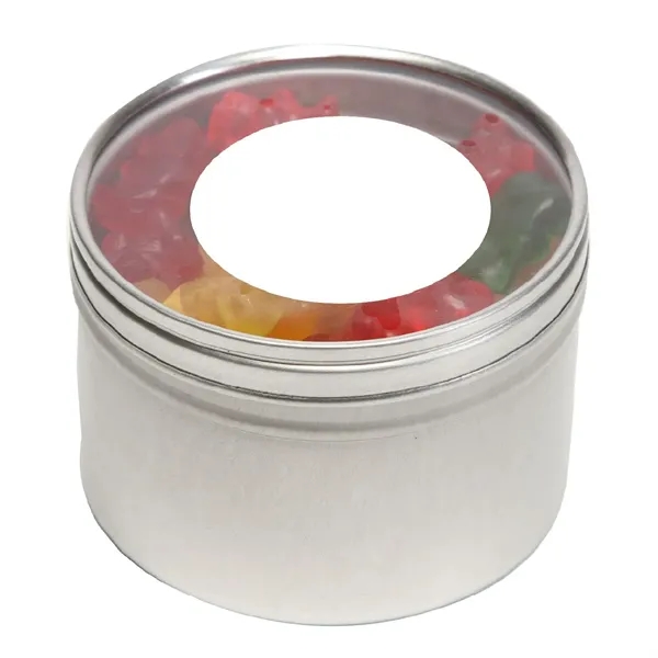 Tootsie Rolls® packed inside a large round window tin with customization.... from ASI 68507 The Magnet Group / The 1919 Candy Company