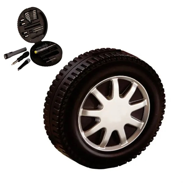 Tire-shaped tool kit with Allen wrenches, screwdrivers, flashlight, and seatbelt cutter.... from ASI 68507 The Magnet Group / Innovations by Magnet™