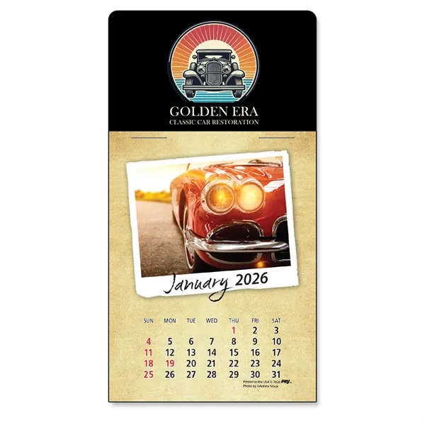 Peel-N-Stick® white vinyl 12-month calendars with full color Classic Cars Calendar... from ASI 54040 Fey Promo / Fey Calendar Impressions