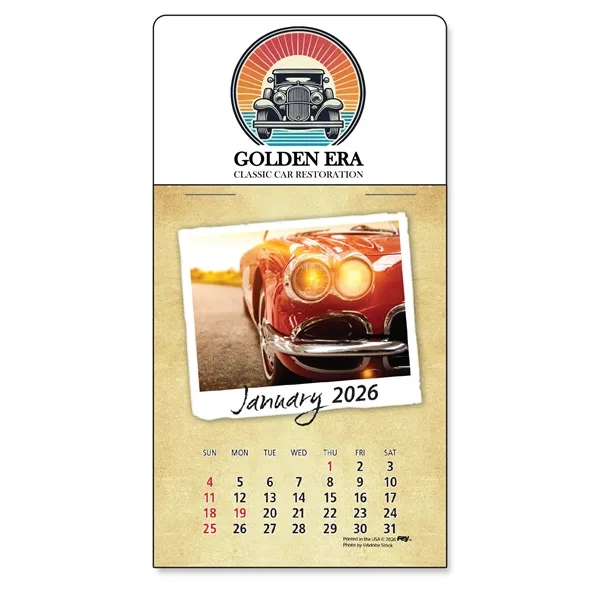 Peel-N-Stick® white vinyl 12-month calendars with full color Classic Cars Calendar... from ASI 54040 Fey Promo / Fey Calendar Impressions