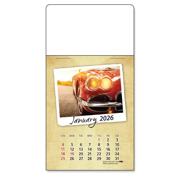 Peel-N-Stick® white vinyl 12-month calendars with full color Classic Cars Calendar... from ASI 54040 Fey Promo / Fey Calendar Impressions