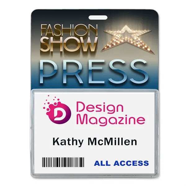 Personalized, one- or two-sided name badges with a clear plastic pouch.... from ASI 79898 Promovision / PROMOVISION