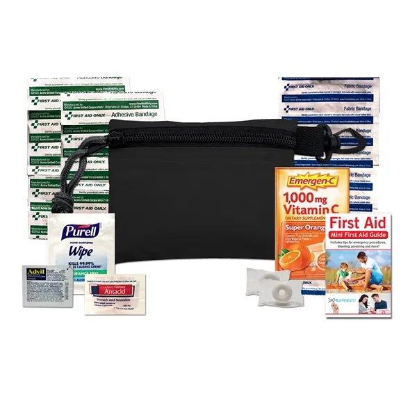 Event kit with a pouch, carabiner, bandages, first aid guide, mints,... from ASI 84514 Safety Made