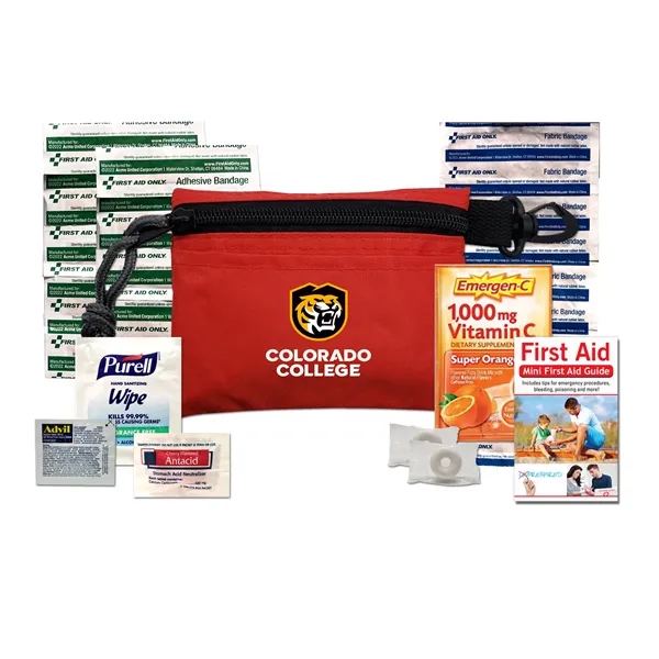 Event kit with a pouch, carabiner, bandages, first aid guide, mints,... from ASI 84514 Safety Made