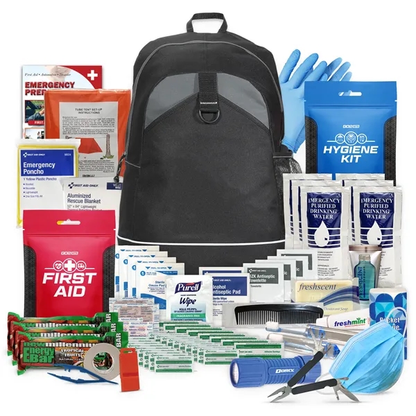 Survival backpack with first aid supplies, hygiene products, food, water, masks,... from ASI 84514 Safety Made