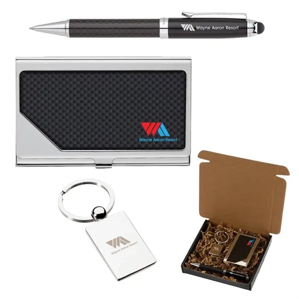 Carbon Fiber Pen, Business Card Case and Chrome Keyring Set... from ASI 67866 Logomark/Valumark