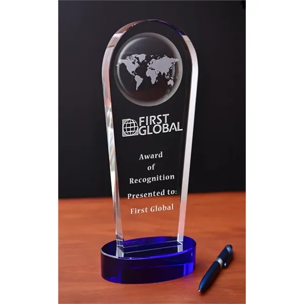 Award made of optical crystal with globe artwork at the top.... from ASI 71920 Moderne Glass Company Inc / Glass America®