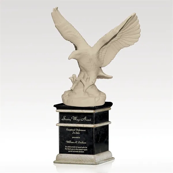 Porcelain award with perched white eagle, supported by ebony and cappuccino... from ASI 93986 Visions/Awardcraft / Visions Awards