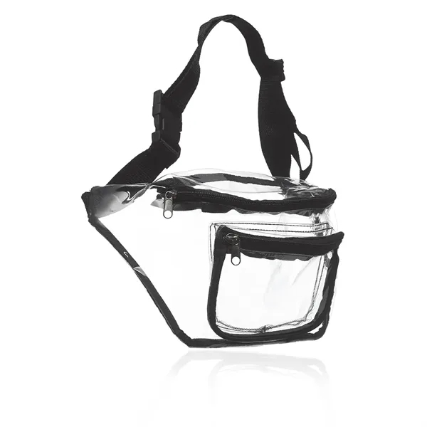 Clear fanny pack with dual zippered compartments, front pocket and straps.... from ASI 39552 BEL Promo